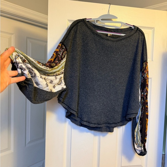 We The Free Charcoal Top with Colorful Patterned Sleeves - Picture 7 of 8